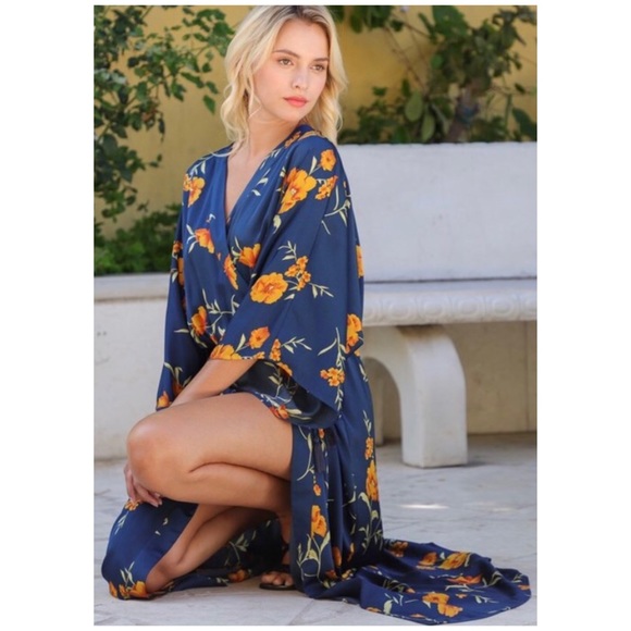 CLEARANCE . Navy Floral Kimono Tie Front Tassel Maxi Dress - Picture 2 of 7